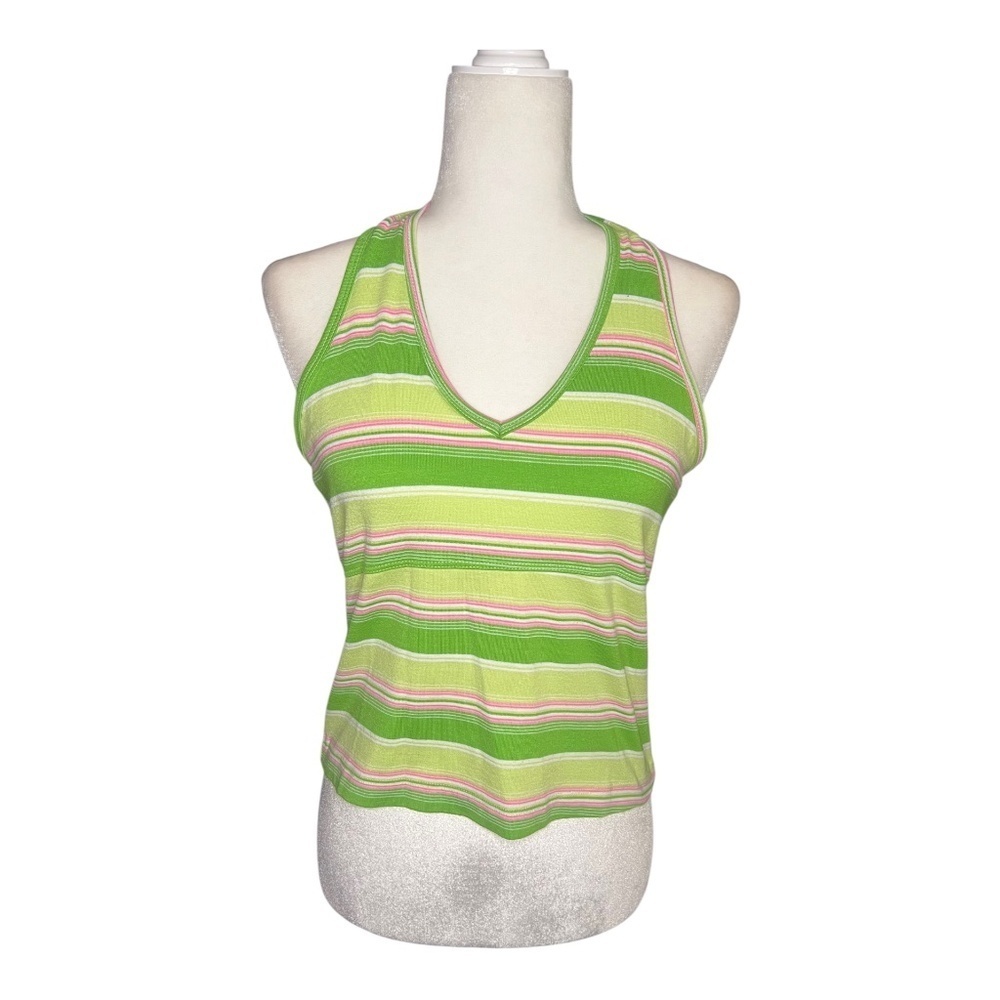 Y2K Green & Pink Striped Halter Top Tank Medium